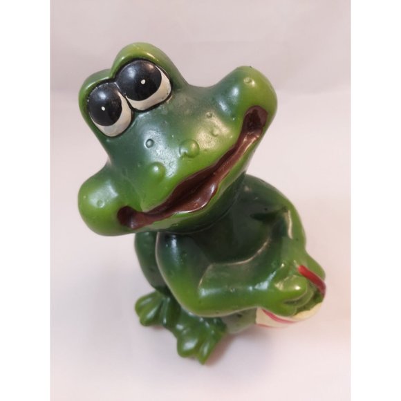 Vintage Terracotta Pottery Green Frog, dreaming Big Eyes Look Up Figure  7" - Picture 9 of 10